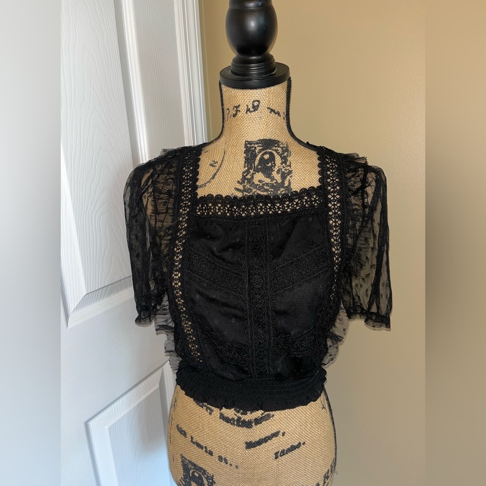 - Black Ruffled Crop Blouse with Puff Sleeves